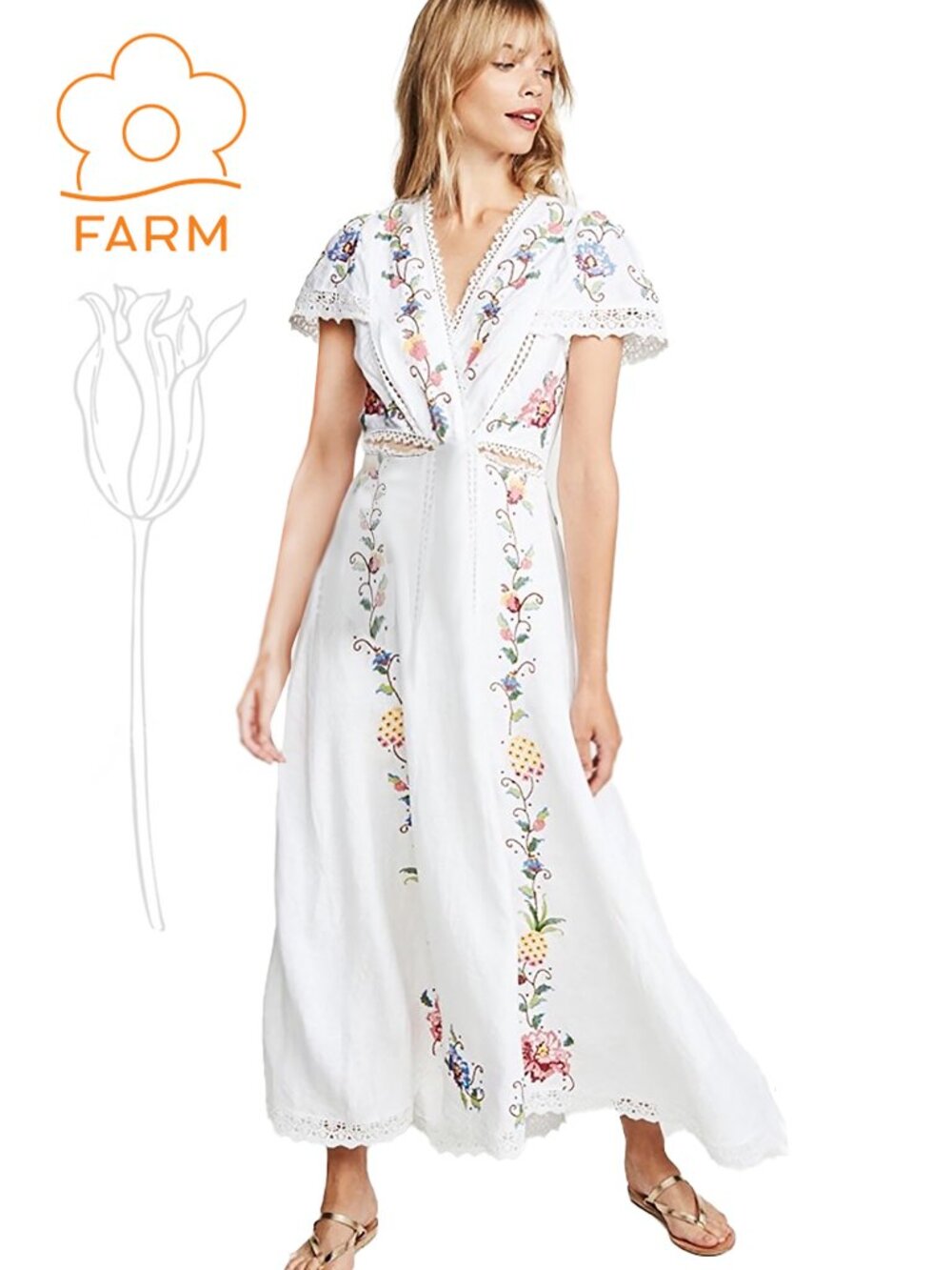 FARM Rio Linen Embroidered Cut Out Maxi Dress in White,